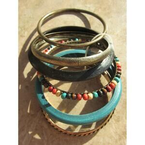 Multi-Color Wooden & Metal Bangle Bracelets